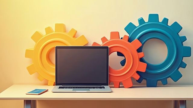 Three interlocking gears in gold, maroon and navy beside a laptop to show design, SEO and usability working together