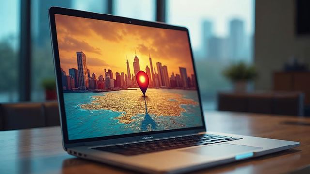 A laptop showing a map with a bright pin over a city skyline, illustrating local search for Omaha businesses