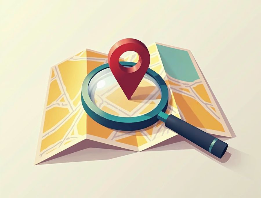 Flat illustration of a magnifying glass over a map with a circle and pin, showing a local search radius