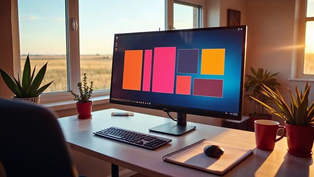 Designer desk with a monitor showing a colorful blank website layout and a sketch pad, representing Omaha web design work