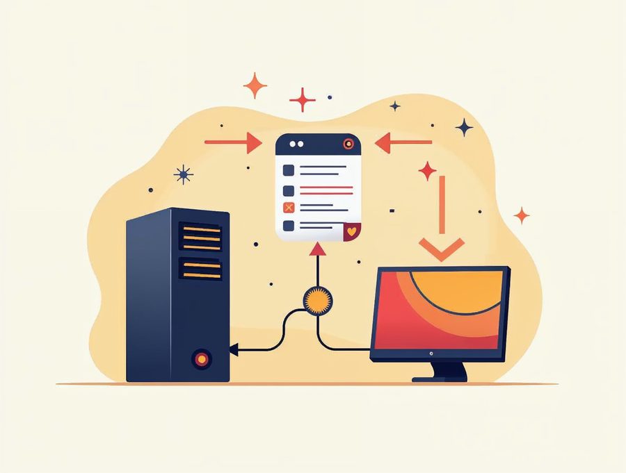 Flat illustration of a browser window linked to a server computer by an arrow, showing how a web page is delivered