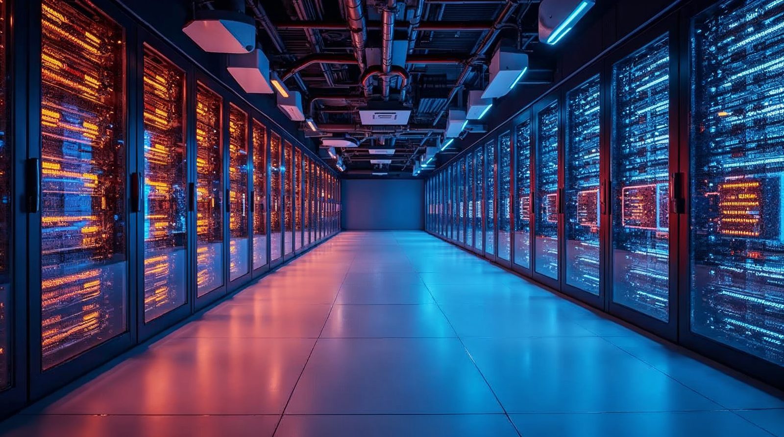 Rows of servers with glowing blue lights in a bright clean server room, showing the computers that host websites