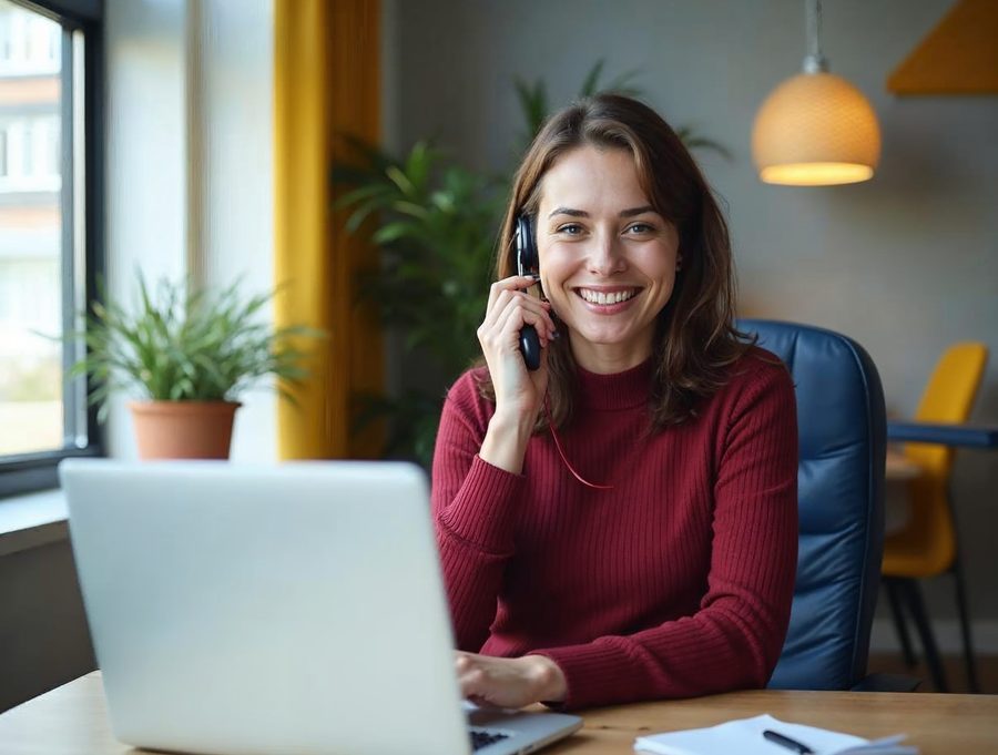 Friendly support person wearing a headset at a bright office desk beside a laptop, ready to help hosting customers
