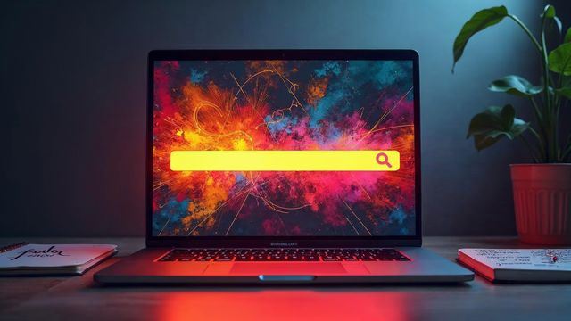 Laptop with a glowing browser address bar and a notebook of doodled name ideas, choosing a website name