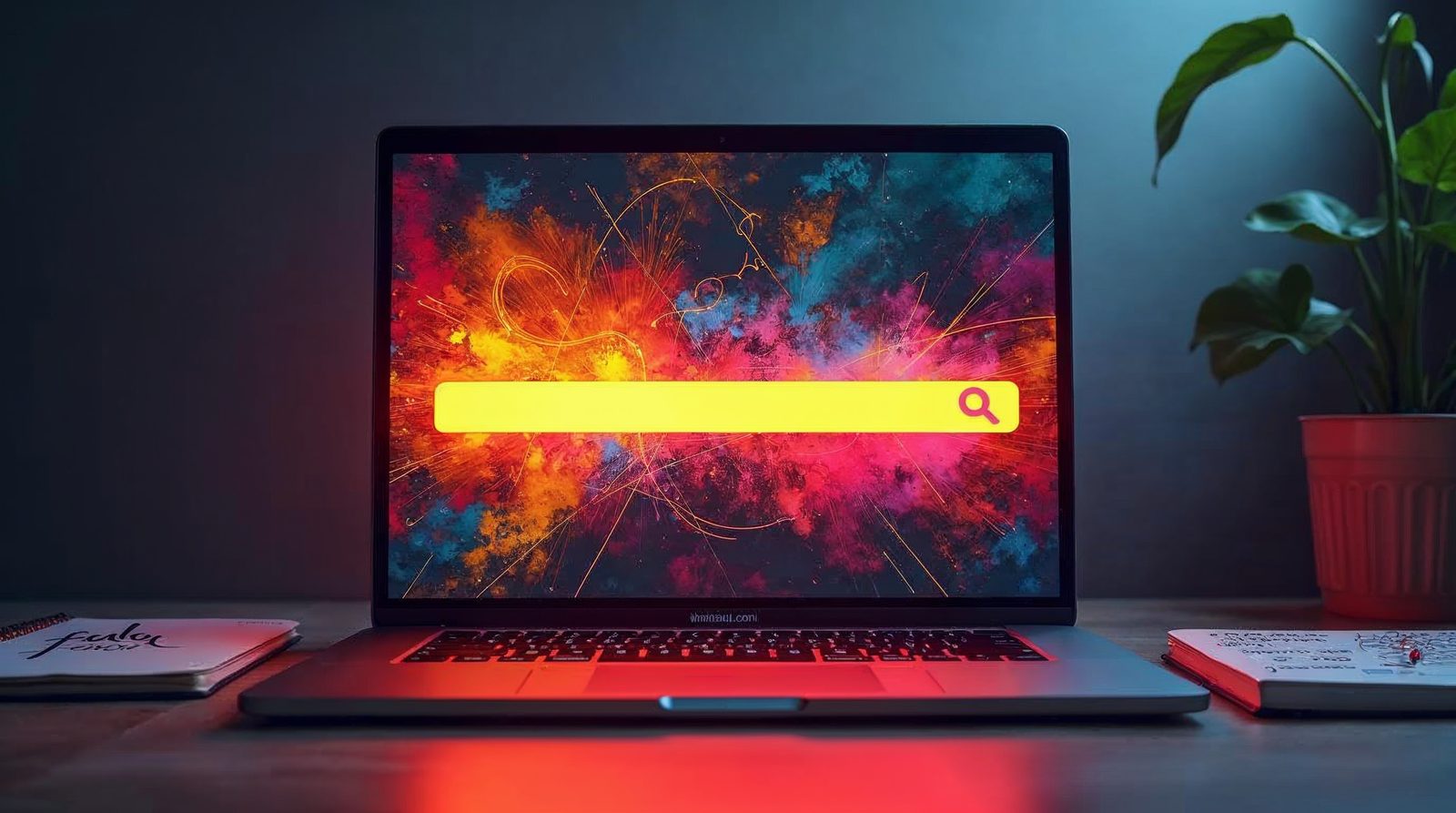 Laptop with a glowing browser address bar and a notebook of doodled name ideas, choosing a website name