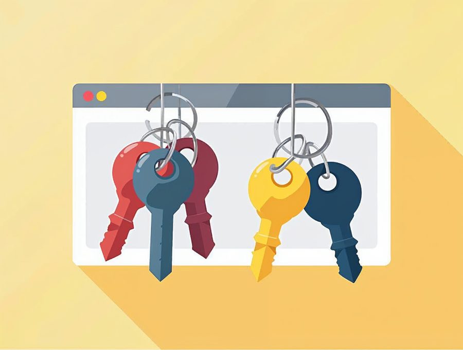 Flat illustration of four colored keys on a ring beside a browser window, standing for different domain extensions
