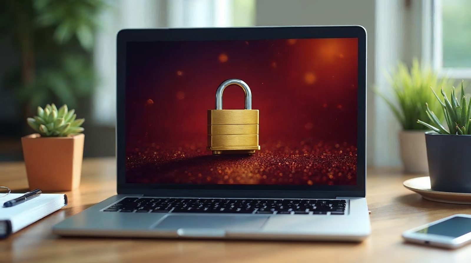 A golden padlock glowing on a laptop screen on a tidy desk to show a secure website with an SSL certificate