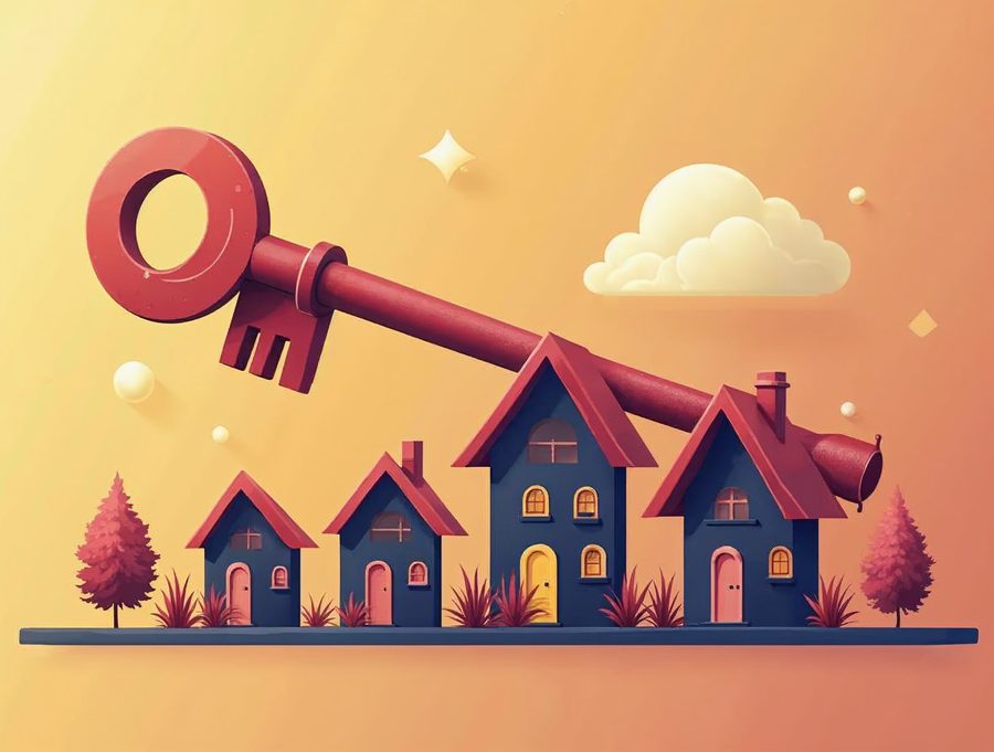 A flat illustration of one large key shared by several small houses to show a shared security certificate