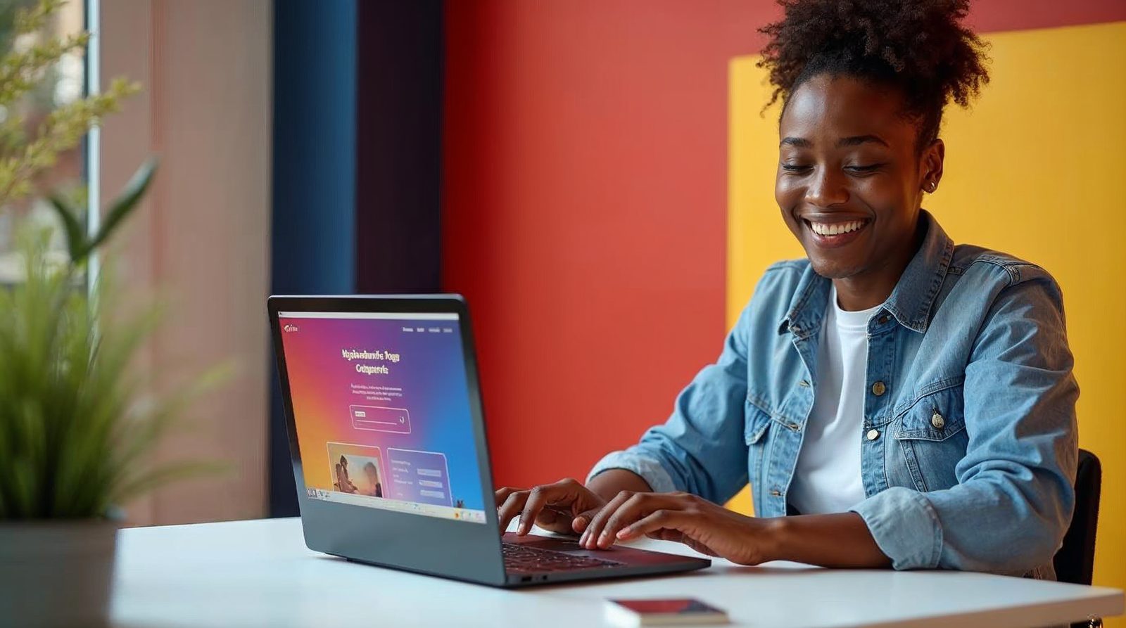 Beginner at a tidy desk smiling at a laptop that shows a colorful half-built website layout
