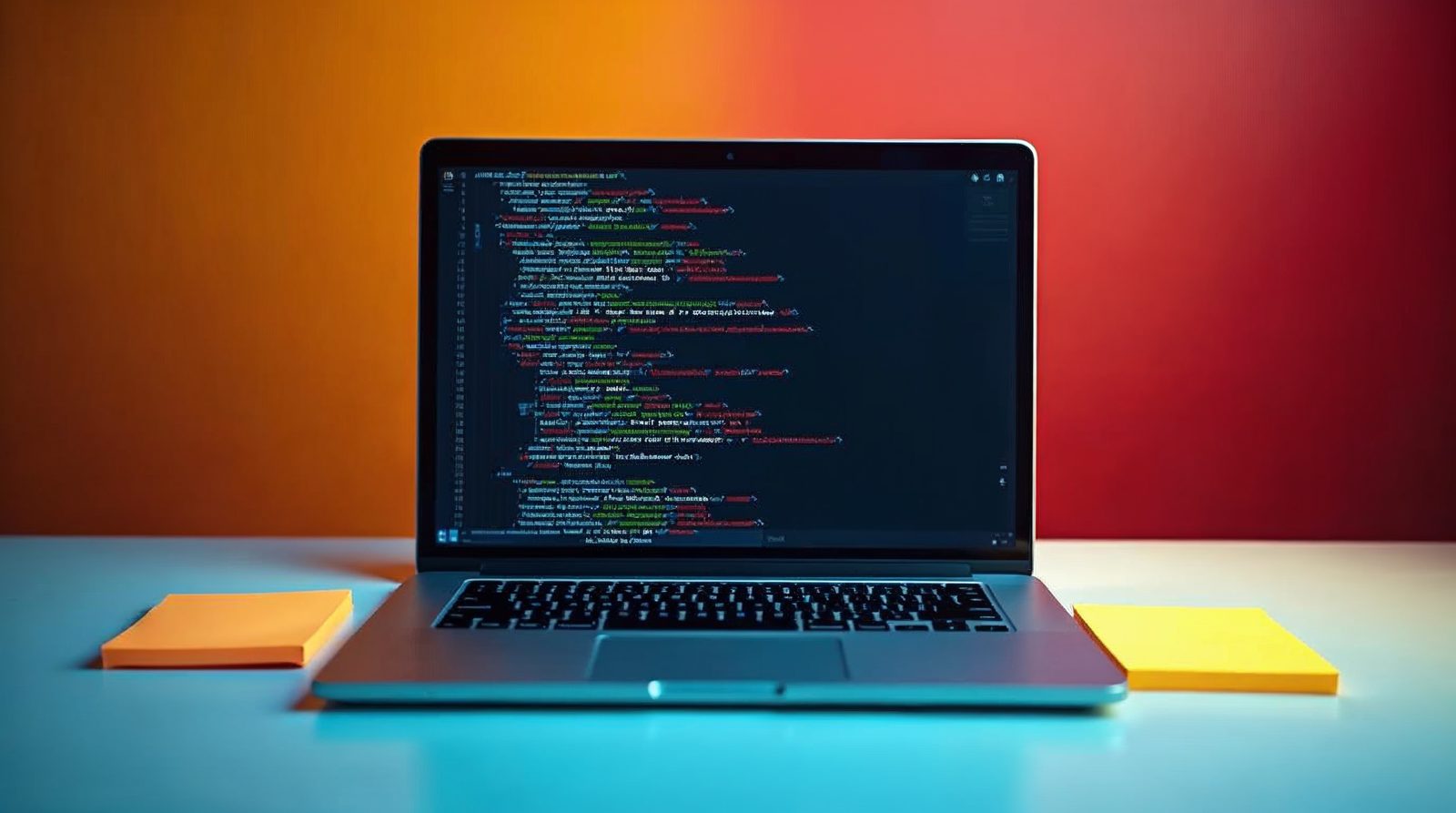 Laptop on a bright desk showing lines of code shapes with highlighted note lines and sticky notes beside it