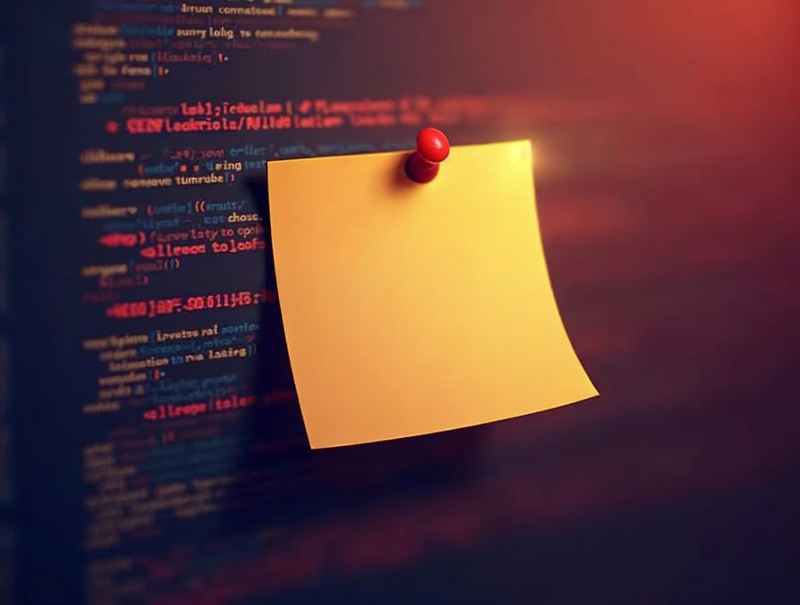 Flat illustration of a golden sticky note attached to a block of code lines to show a hidden comment