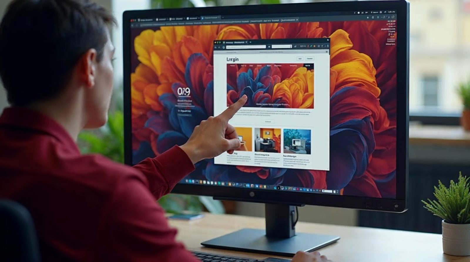 A designer's hands adjusting a website layout on a large monitor, showing work on an existing site