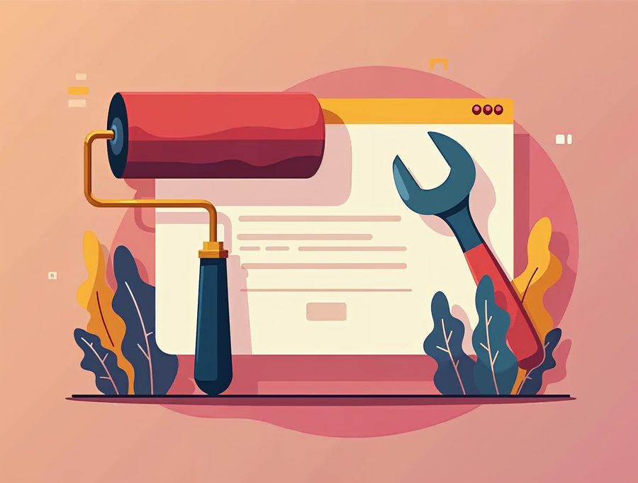 Flat illustration of a paint roller and a wrench updating a browser window, showing a site refresh