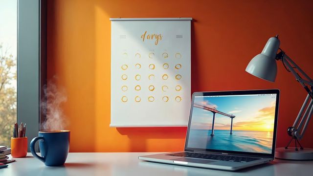 Wall calendar with five circled days beside a laptop showing a half-built website, representing a 3 to 5 day website build