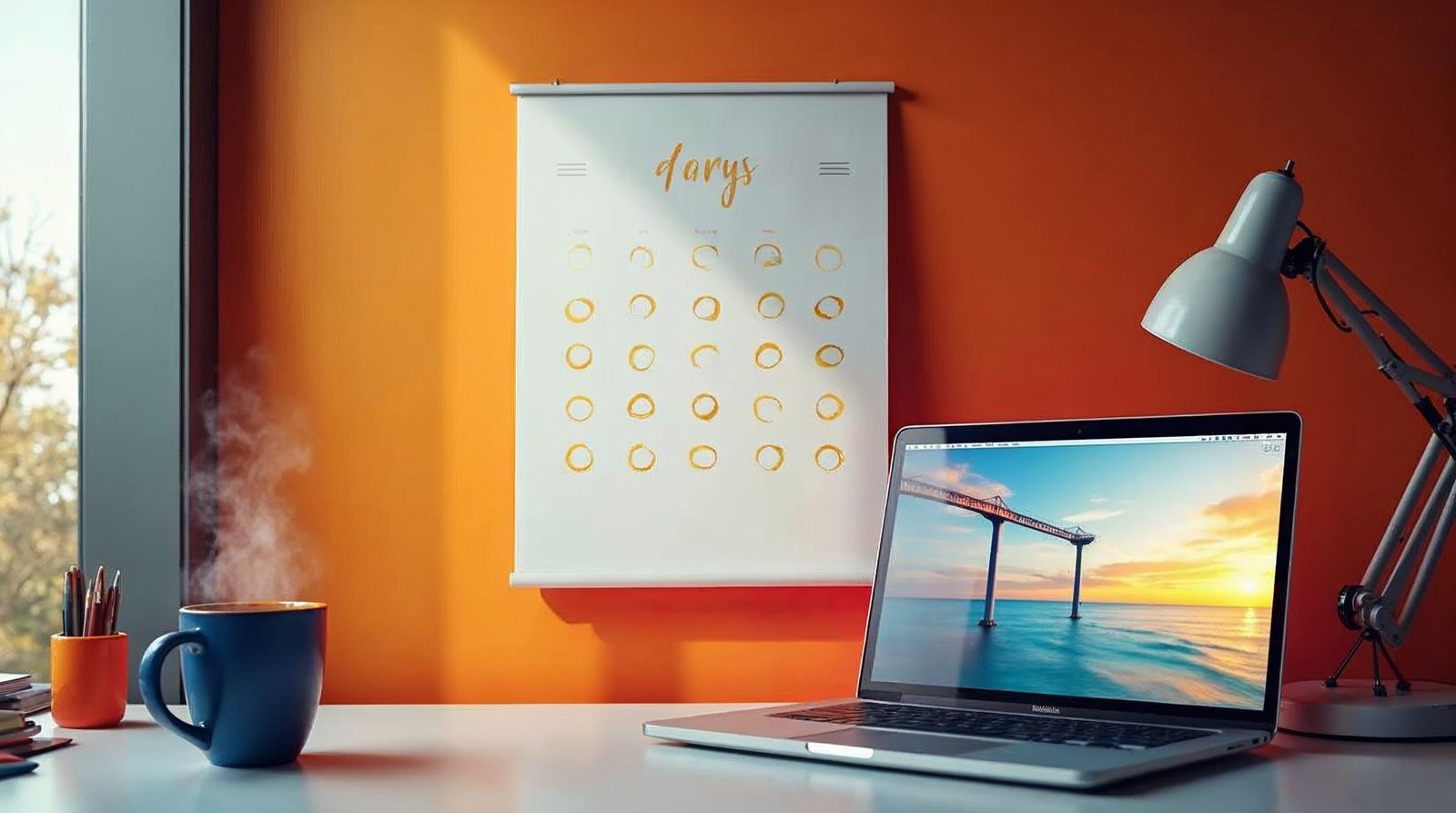 Wall calendar with five circled days beside a laptop showing a half-built website, representing a 3 to 5 day website build