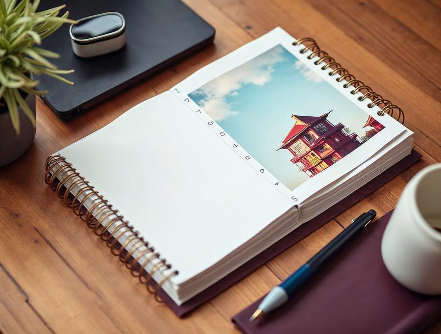 Flat lay of a notebook, printed photos, a logo sketch and a pen on a wooden desk, the content needed to build a website