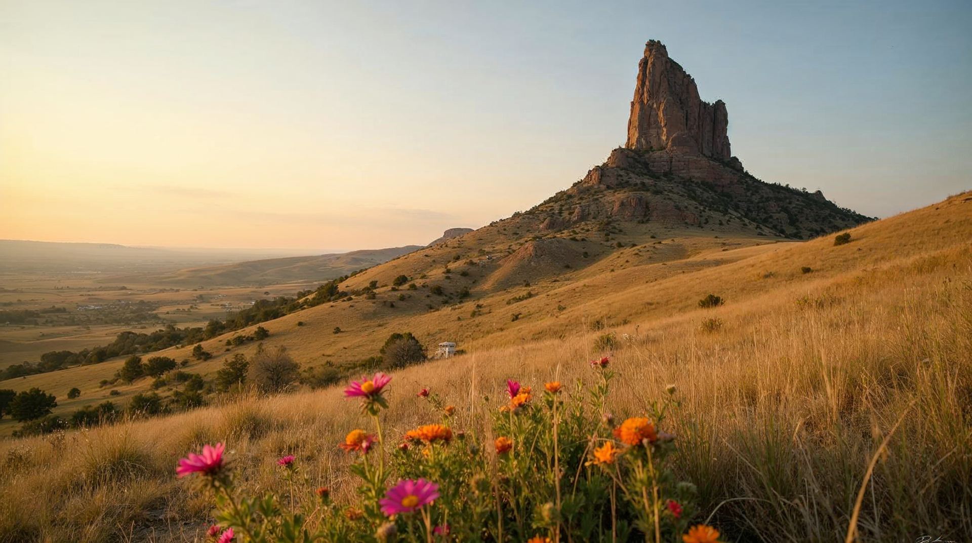 Chimney Rock, the tall sandstone spire in western Nebraska, rising above a grassy bluff at golden hour
