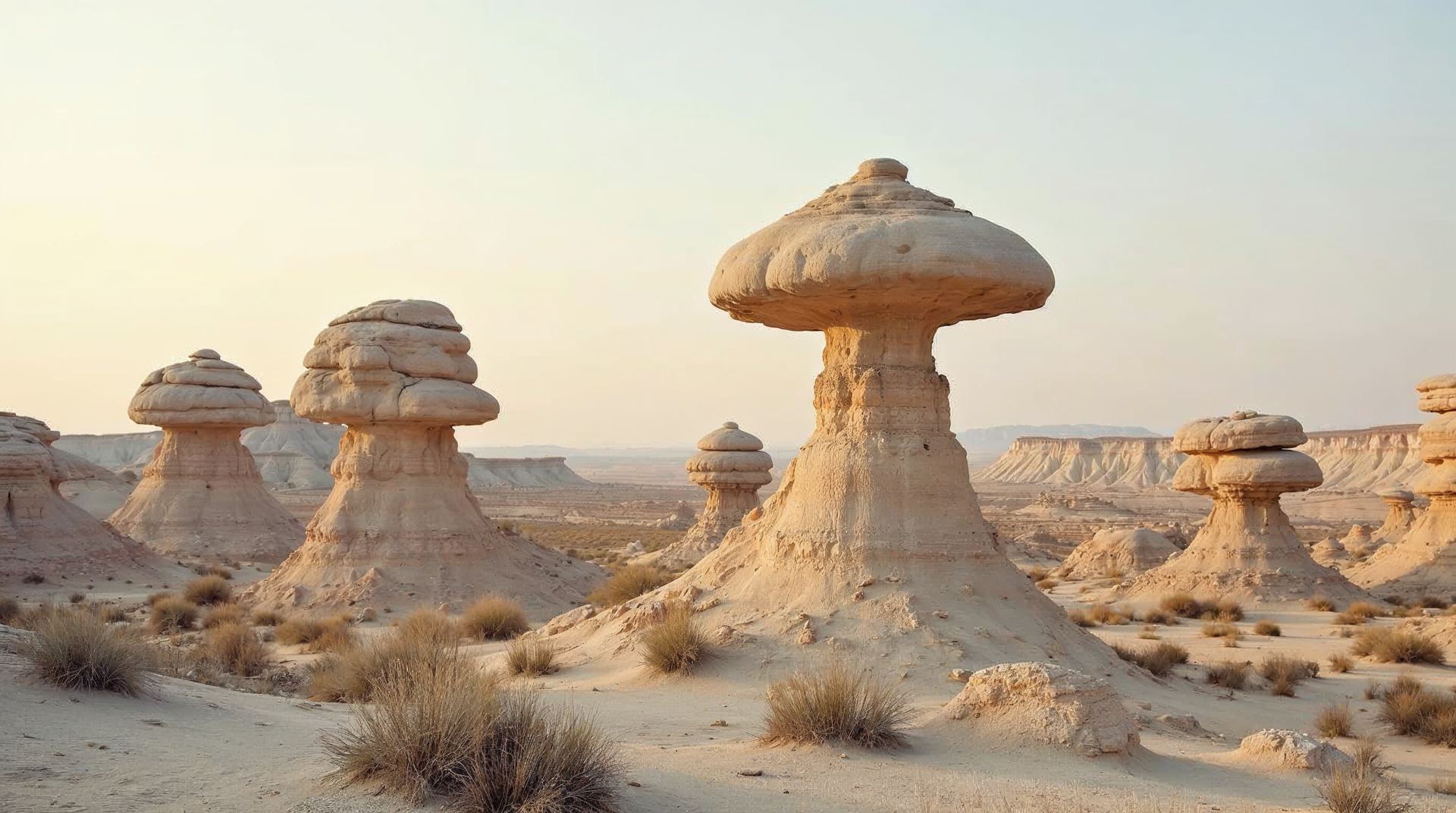 Mushroom-shaped sandstone formations in Toadstool Geologic Park in the Nebraska panhandle