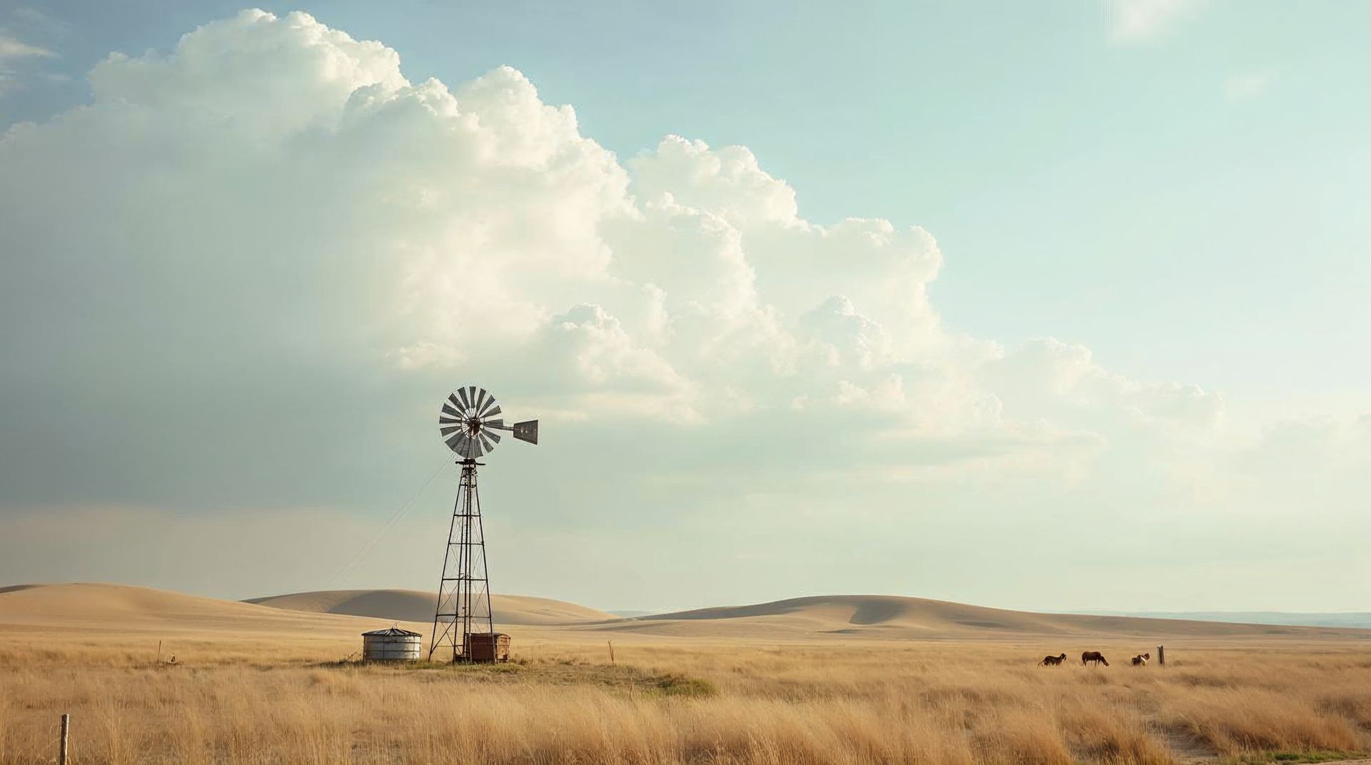 A windmill and stock tank on the rolling grass dunes of the Nebraska Sandhills under big clouds