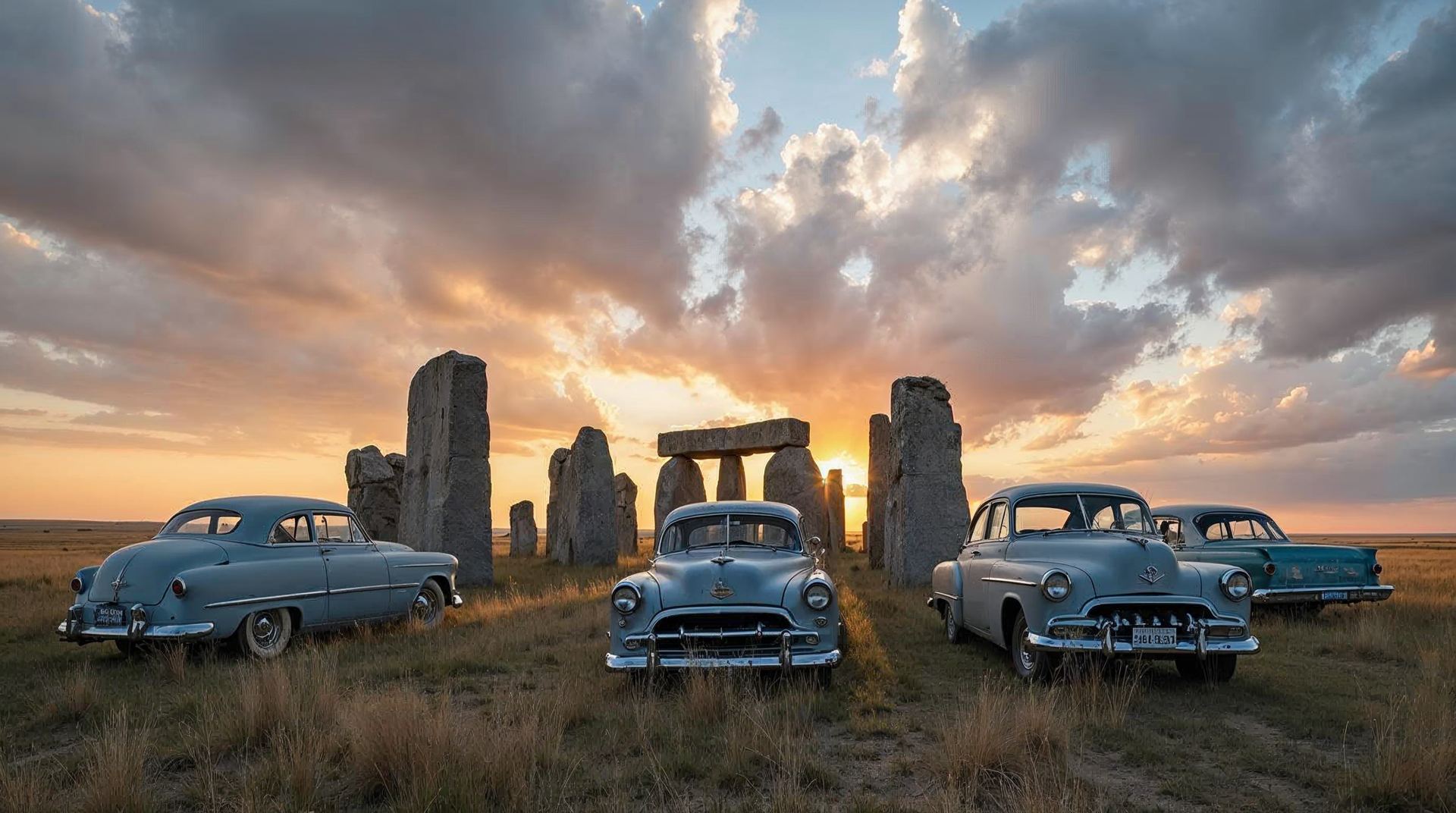 Carhenge near Alliance, Nebraska, gray cars arranged like Stonehenge under a dramatic evening sky