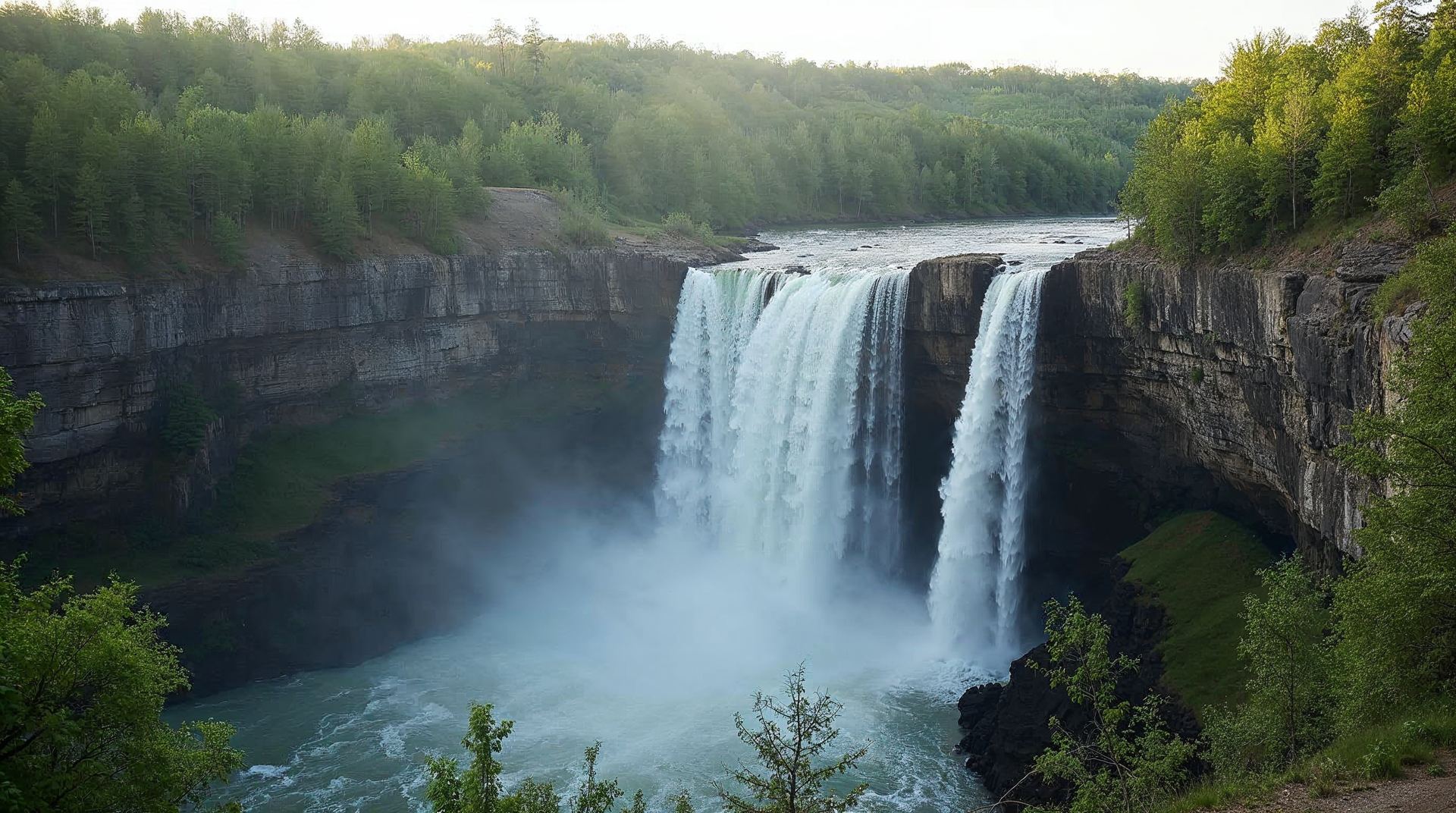 Smith Falls on the Niobrara River in Nebraska tumbling into a green forested canyon