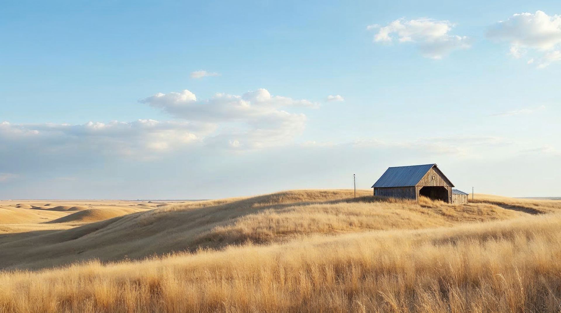 Open prairie hills and the visitor building at Ashfall Fossil Beds in northeast Nebraska
