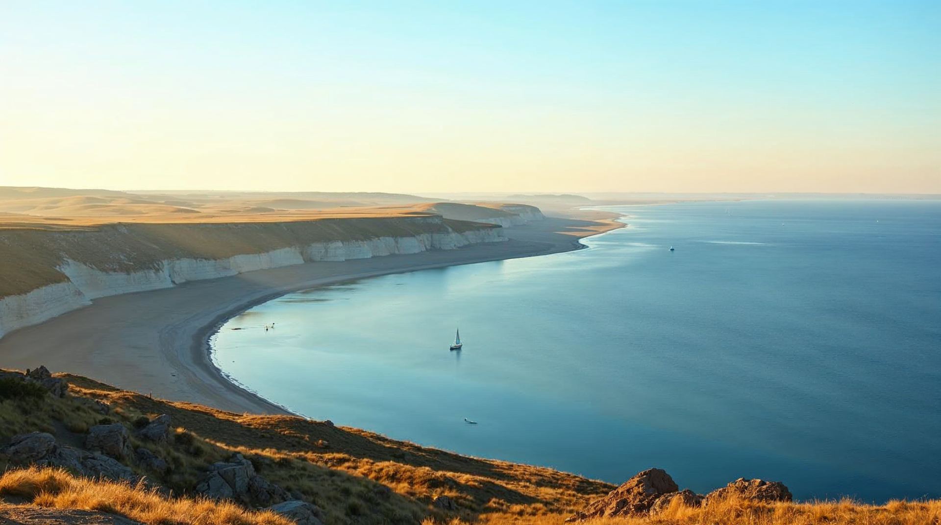 Lake McConaughy in western Nebraska with sandy beaches and sailboats at golden hour