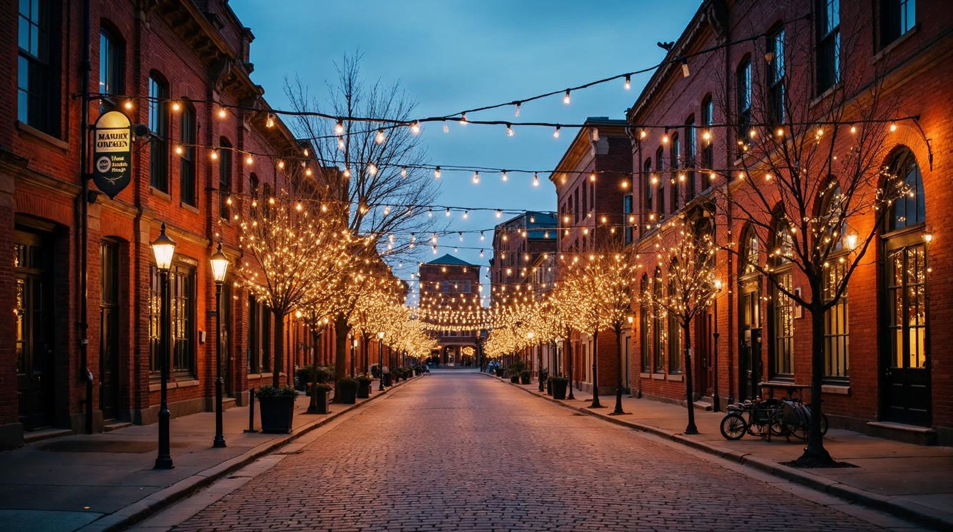 Historic brick buildings and string lights in the Old Market district of Omaha, Nebraska at dusk