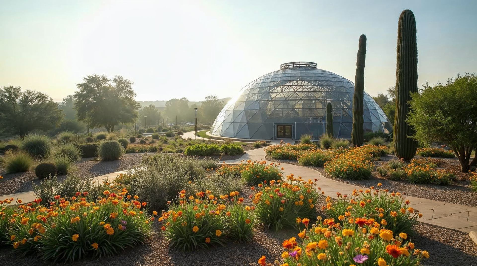 The Desert Dome and flower gardens at the Henry Doorly Zoo in Omaha, Nebraska