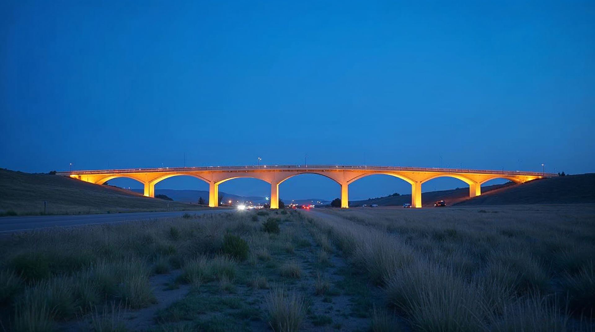 The Great Platte River Road Archway spanning Interstate 80 near Kearney, Nebraska at blue hour