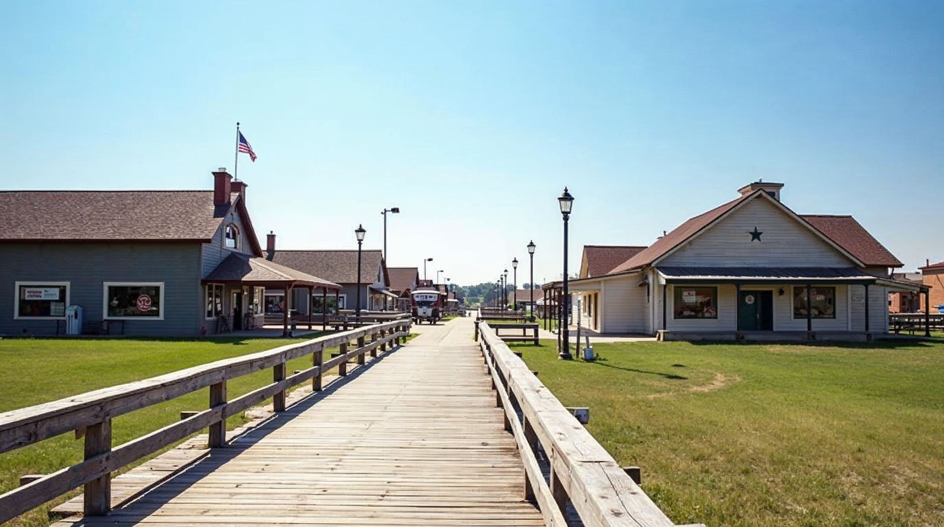 Restored pioneer buildings and a wooden boardwalk at Stuhr Museum in Grand Island, Nebraska