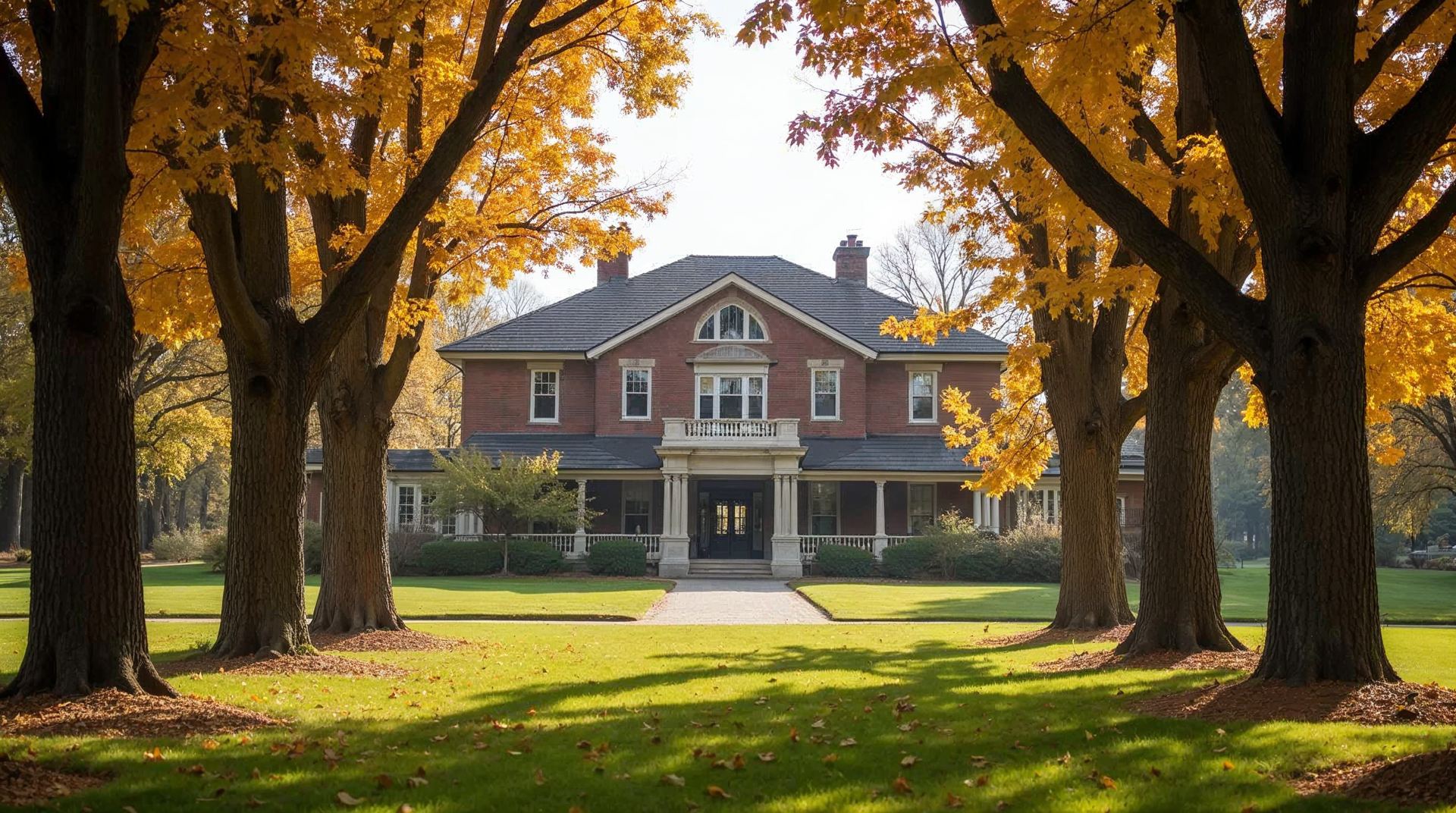 Arbor Lodge mansion framed by tall autumn trees in Nebraska City, Nebraska