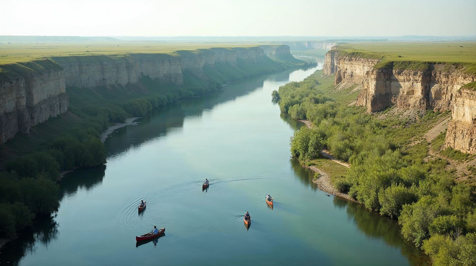 Canoes on the calm Niobrara River between green bluffs near Valentine, Nebraska