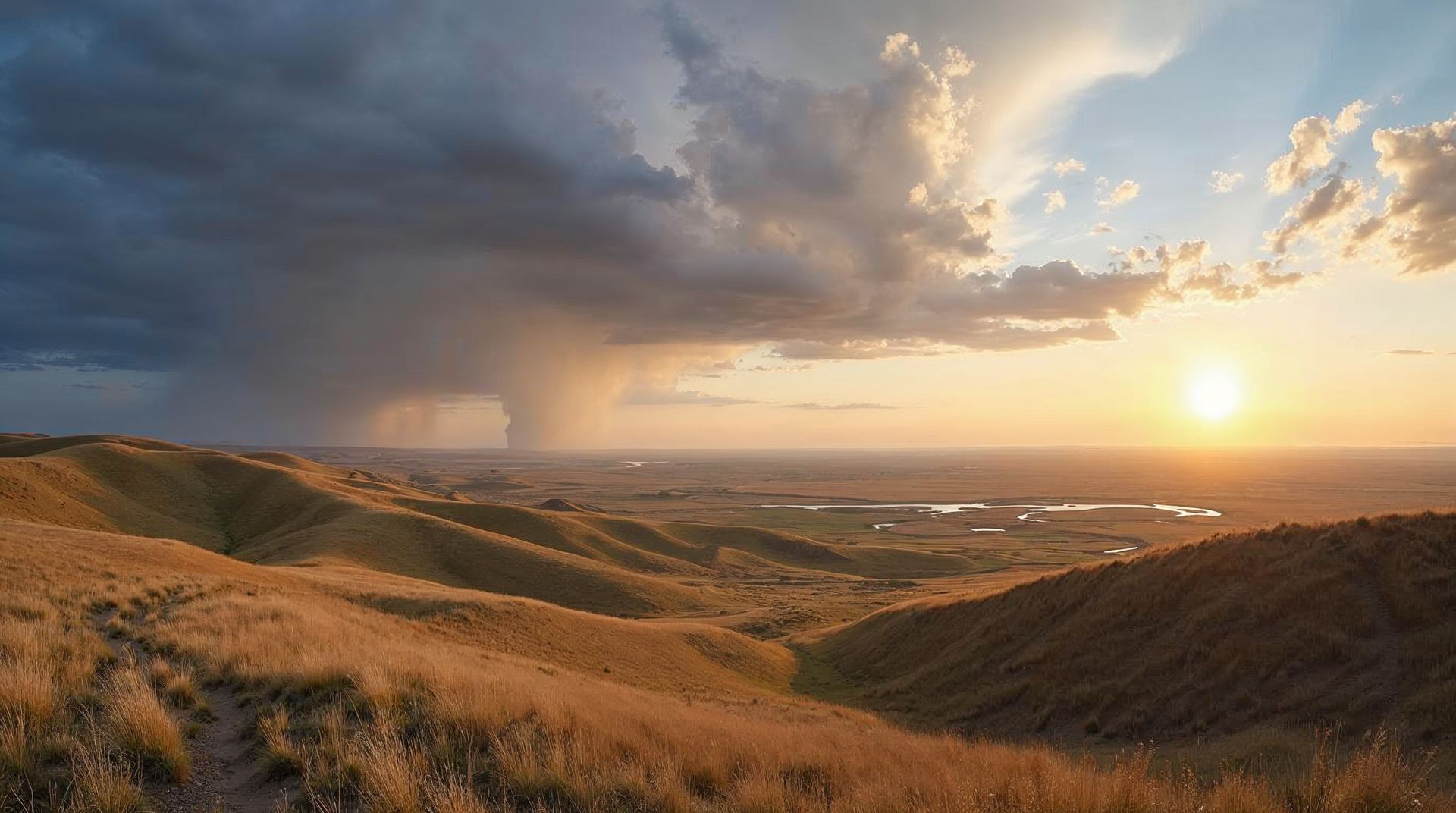 Grassy hills under a vast sunset sky at Agate Fossil Beds National Monument in Nebraska
