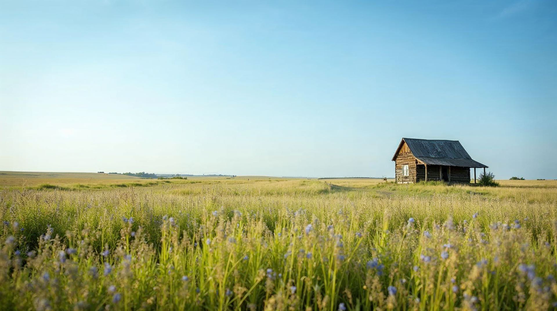 Tallgrass prairie in bloom and a rustic cabin at Homestead National Historical Park near Beatrice, Nebraska