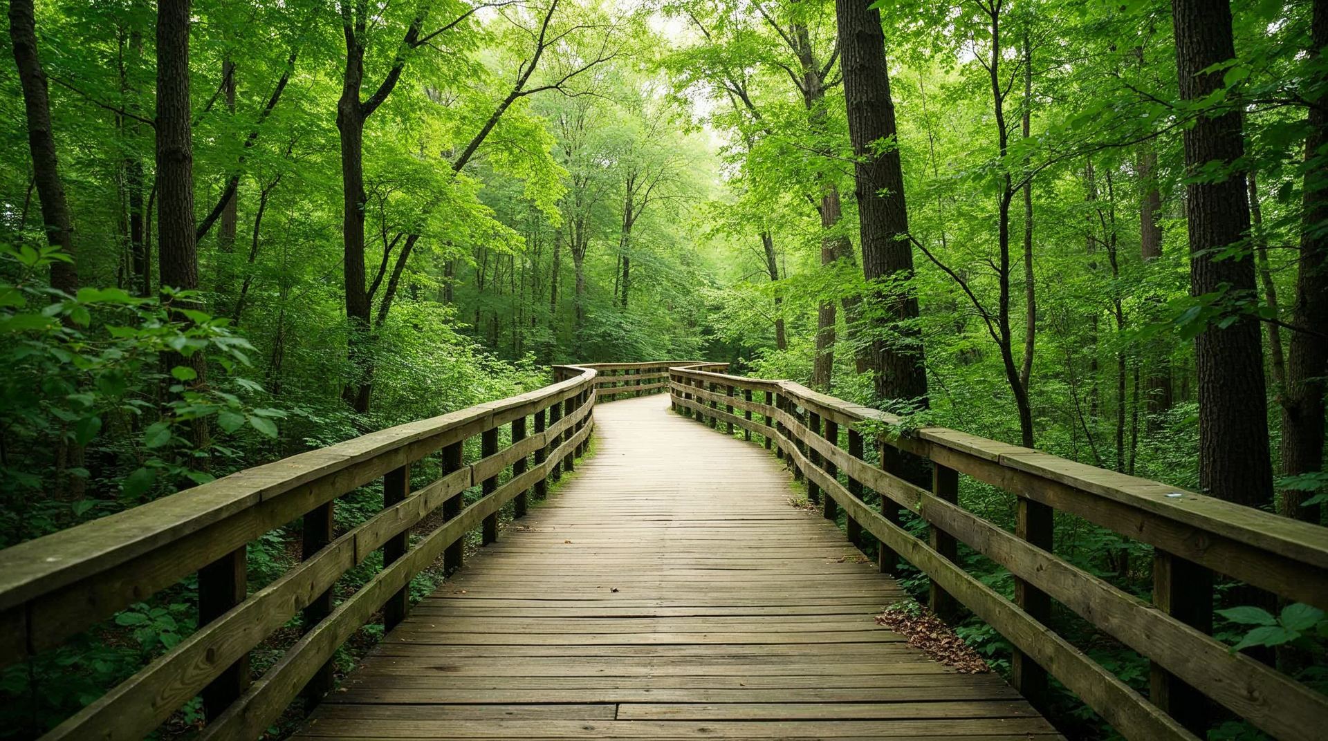 A wooden boardwalk through bright green woods at Fontenelle Forest near Bellevue, Nebraska