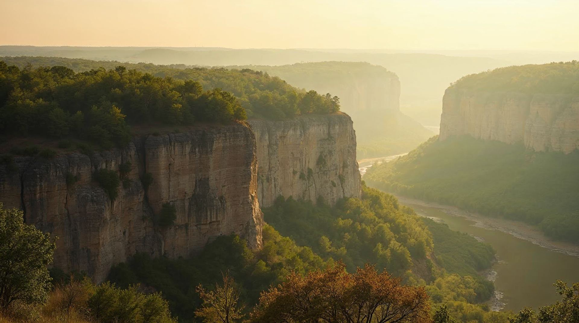 Forested Missouri River bluffs near Ponca State Park in northeast Nebraska at evening
