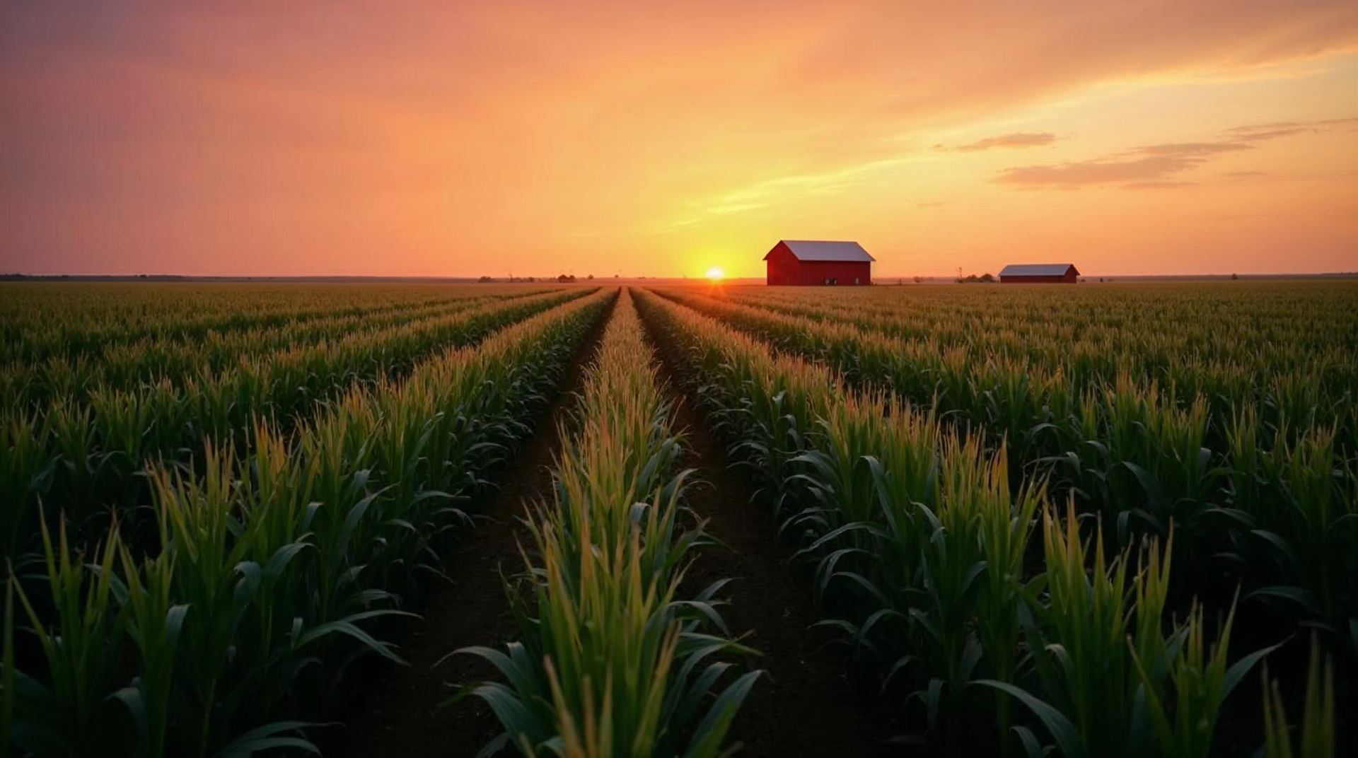 Nebraska cornfields at sunrise under a glowing orange and pink sky with a red barn far away