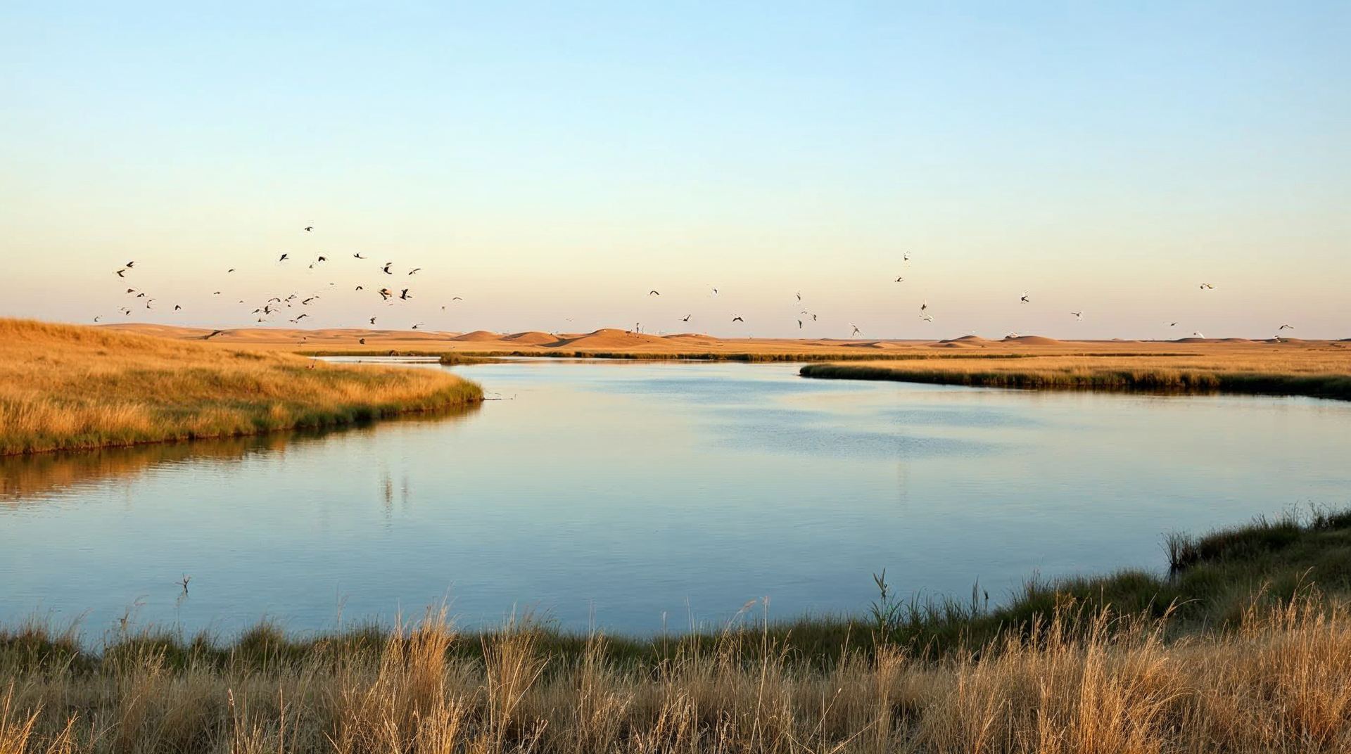 Pelicans over a blue lake ringed by grass dunes at Crescent Lake National Wildlife Refuge in Nebraska