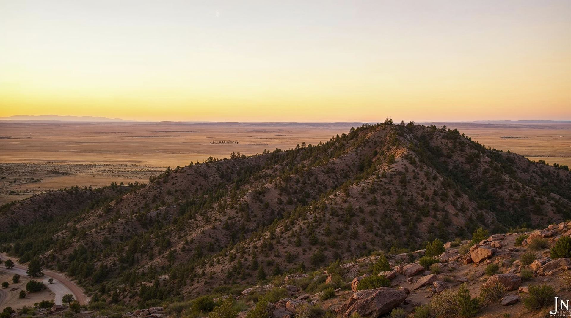 Pine-dotted ridges and a wide view across the plains in the Wildcat Hills near Gering, Nebraska