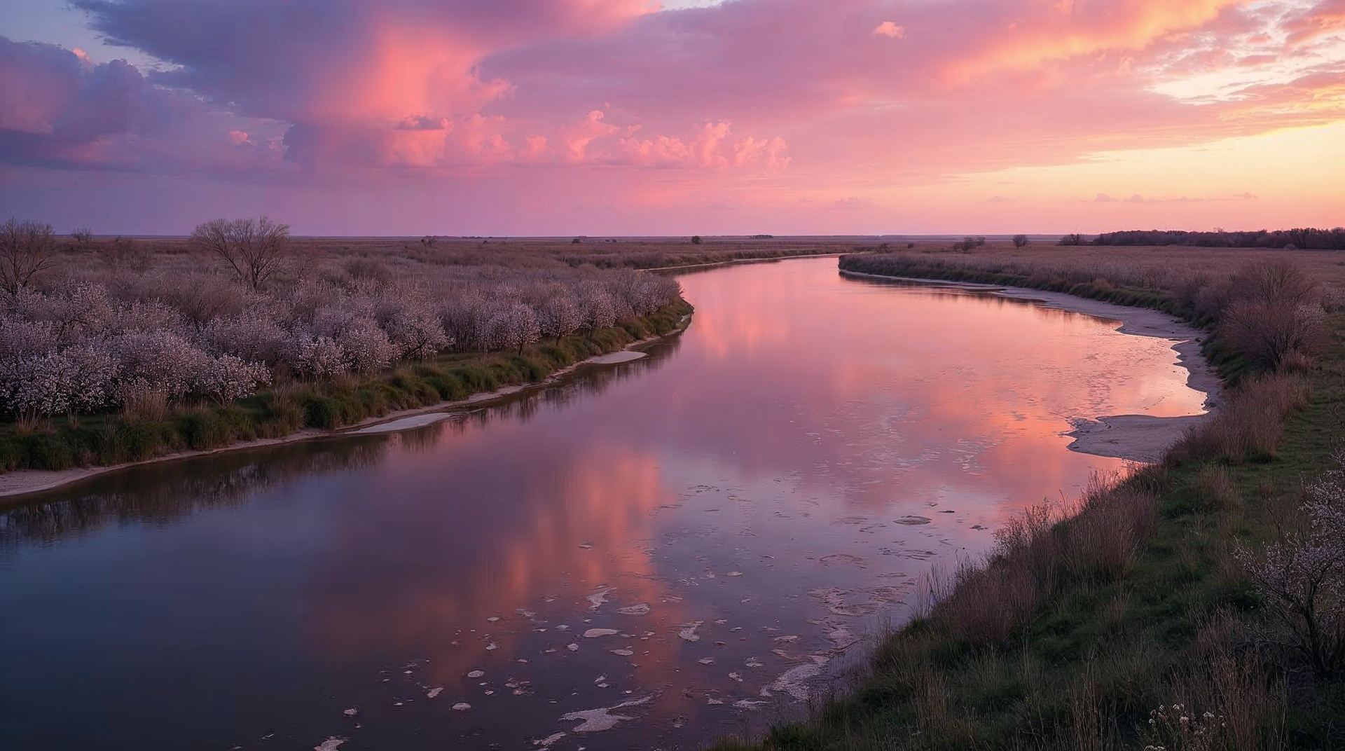 A bend of the Platte River in central Nebraska with cottonwoods and a purple and gold evening sky