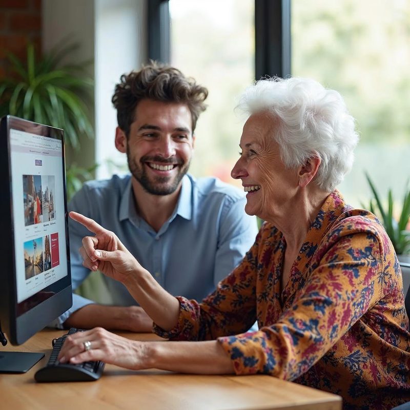A young man and an older woman smiling and laughing together while they look at a new website on a computer