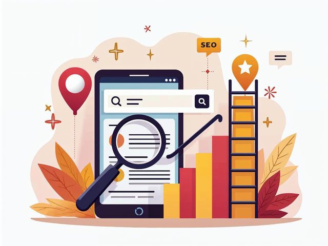 Smartphone search page with a magnifying glass, a rising bar chart and a ladder to the top search result