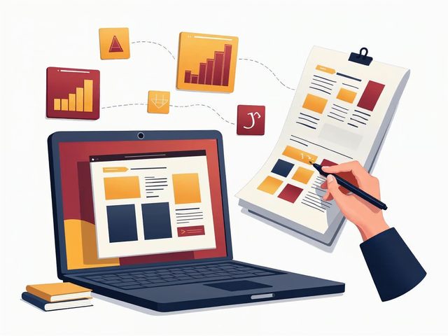 Laptop showing a website layout beside a designer sketching a page plan with colour swatches