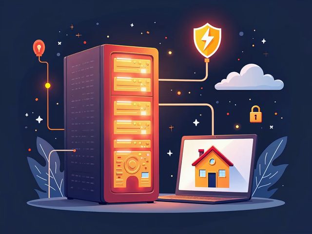 A glowing server rack connected to a house-shaped website on a laptop, with a padlock shield and a cloud