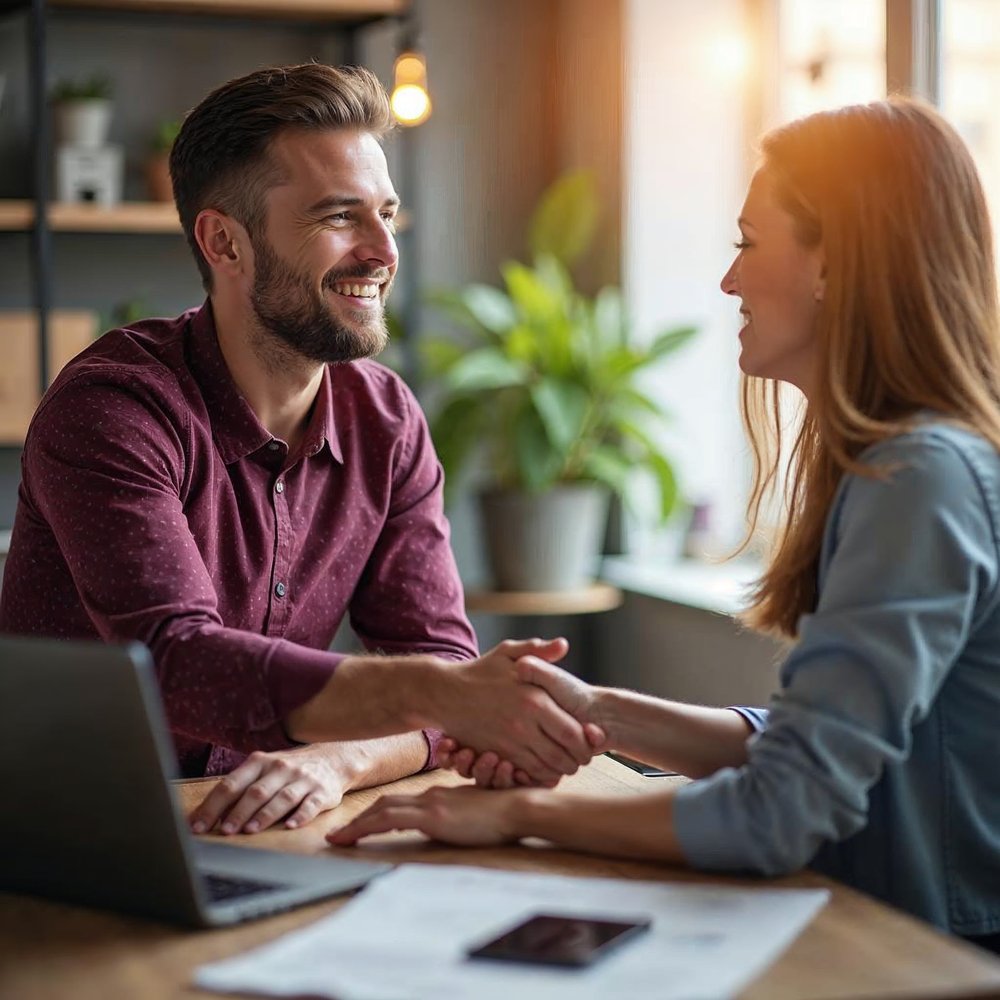Smiling consultant shaking hands with a happy small business owner in a bright office with a smartphone on the desk