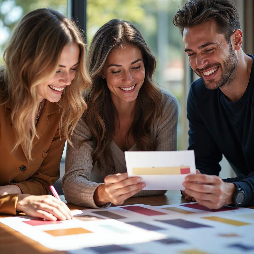 Three smiling team members reviewing a printed brand board with color swatches around a sunny table