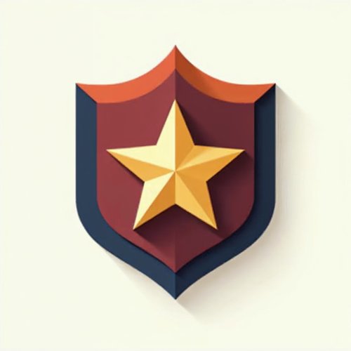 A bold shield logo mark with a gold star on a clean artboard
