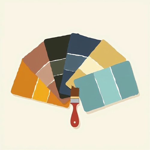 A fan of paint swatch cards in maroon, gold, navy, green, cream and sky blue beside a paintbrush