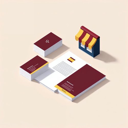 Business cards, a letterhead sheet and a small striped storefront awning all sharing the same maroon and gold look